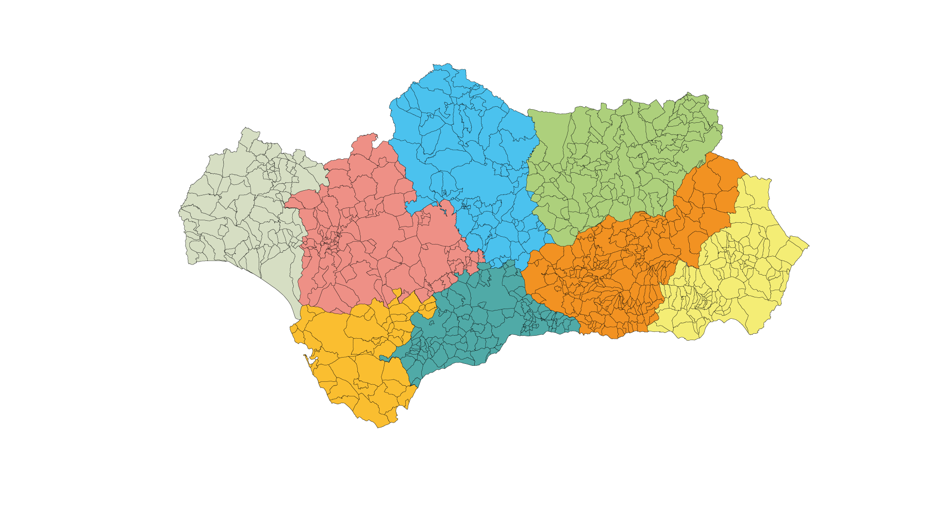 Mapa de Andalucía delimitado por provincias.